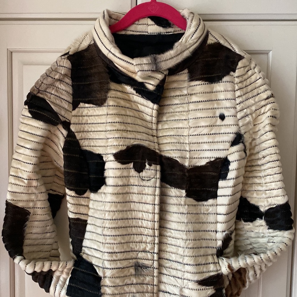 Emporio Armani fur jacket White and black with leather trim zip up Women Size 0